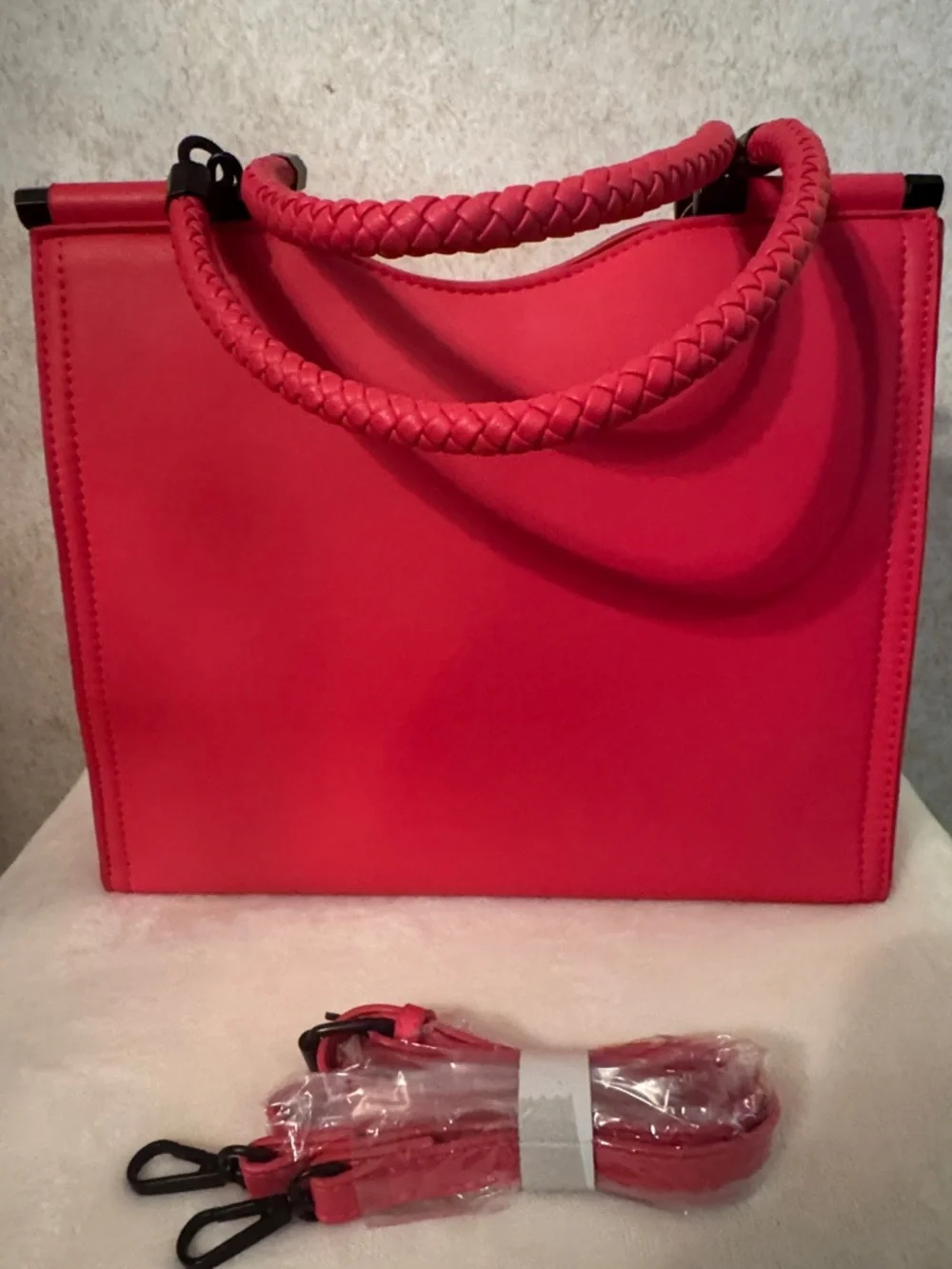 Badgley Mischka Hot Pink Braided Handle Satchel with Black Logo Accent NWOT - Picture 3 of 7